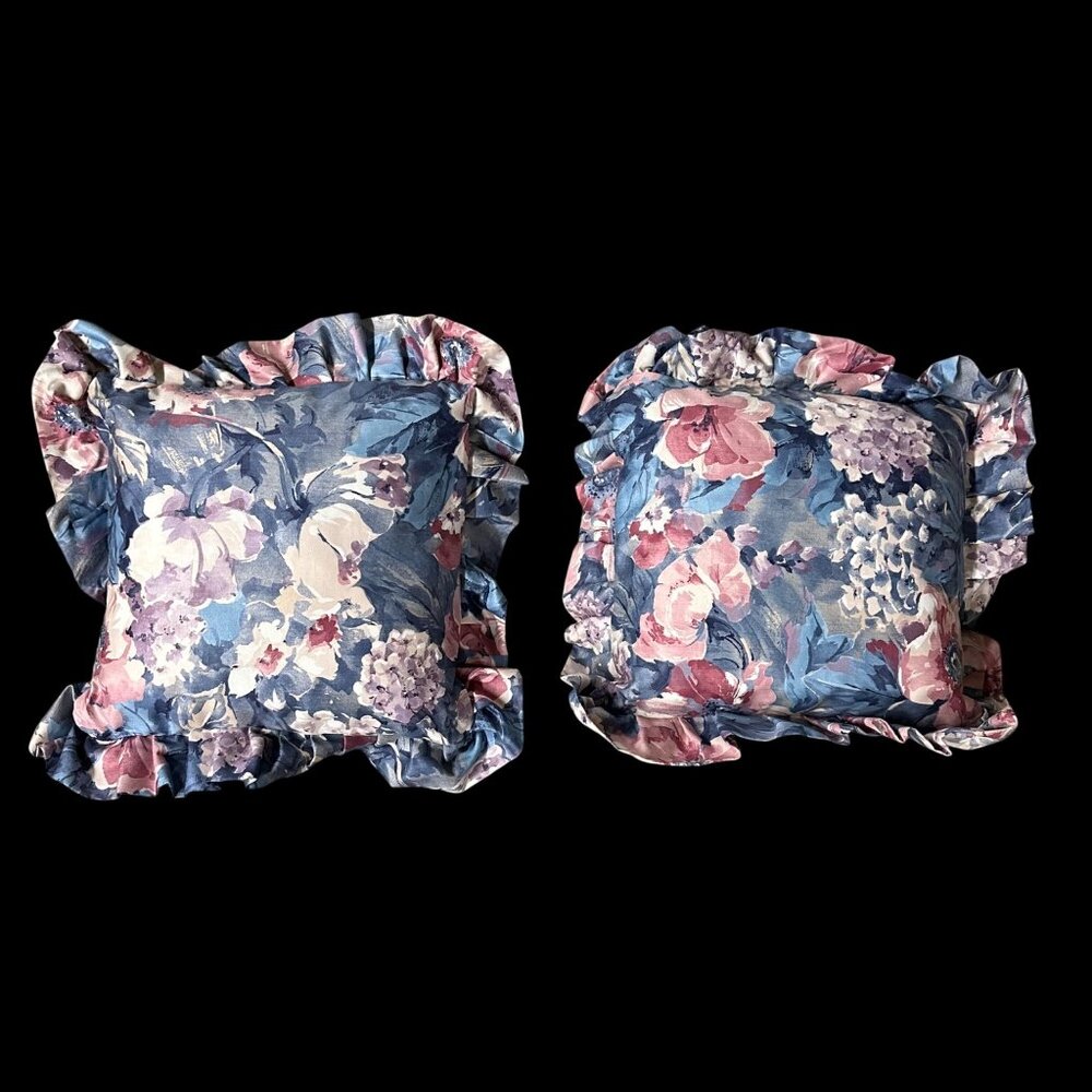 Vintage Throw Pillows Handmade 1980s Floral Ruffled Pink Blue Decorative Flowers - Picture 2 of 8